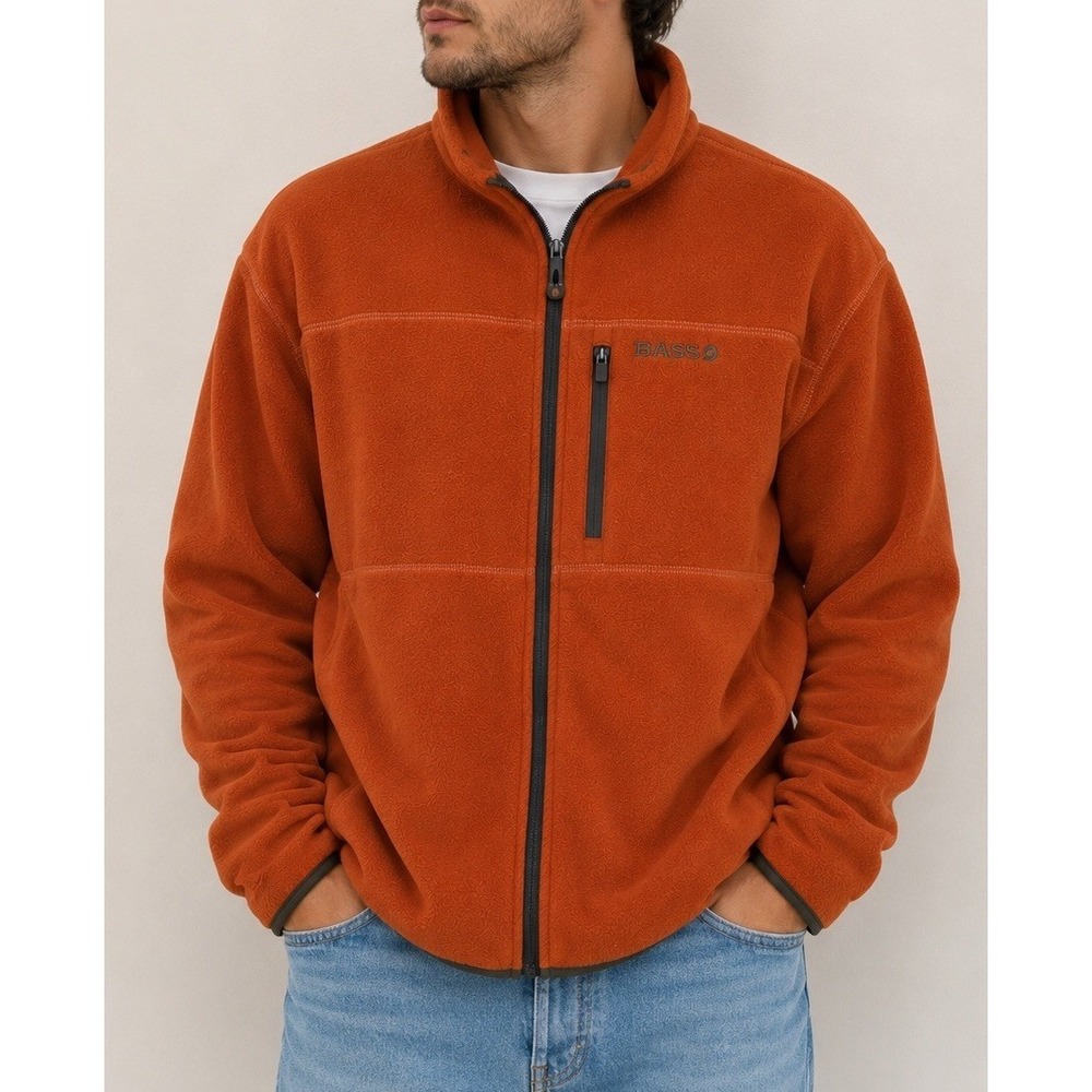 Bass Outdoor Fleece Jacket Mens L Orange Full Zip High Neck Pockets Hiking